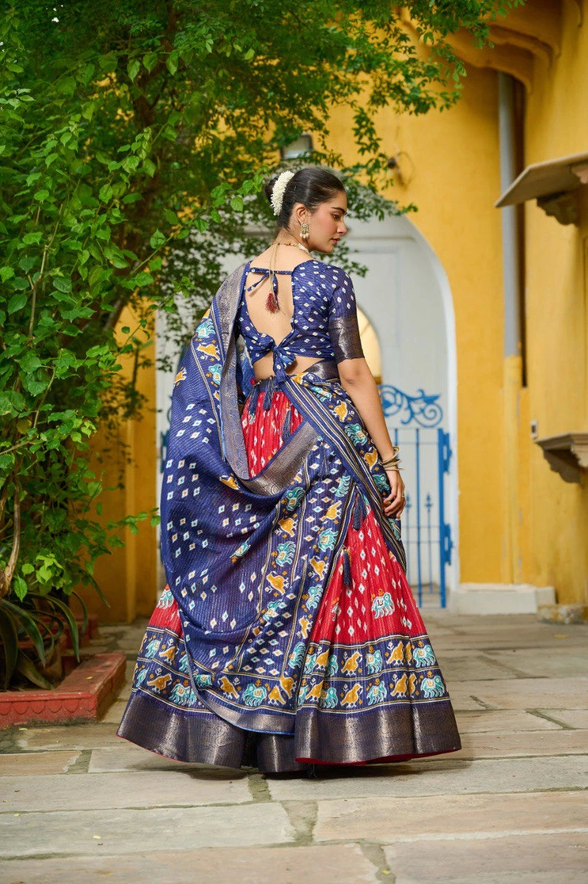 red jacquard with zari lining printed heavy lichi lehenga